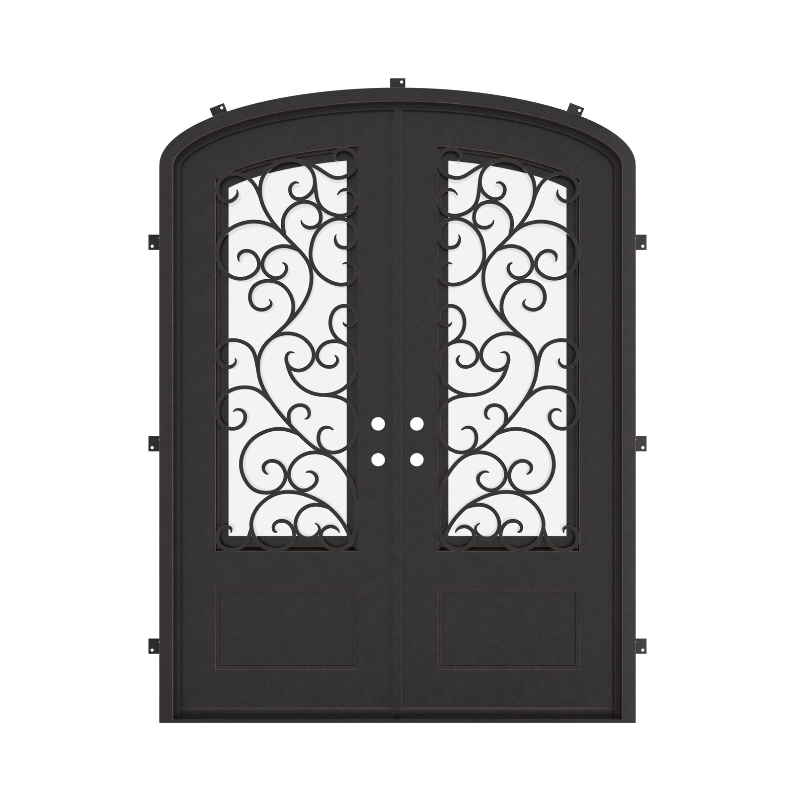 Story arch top entry door in bronze shade with clear glass.