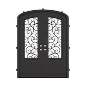 Story arch top entry door in bronze shade with clear glass.