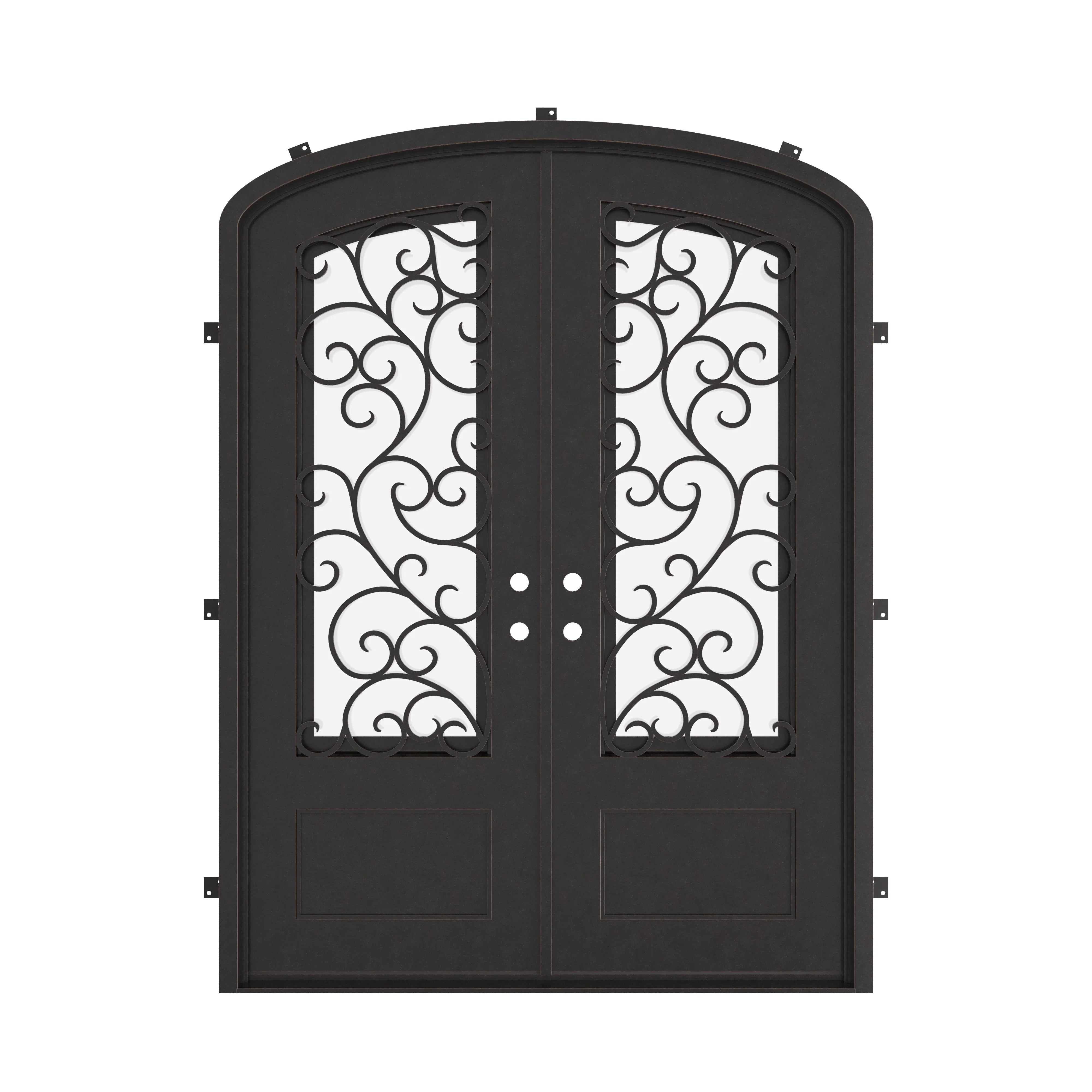 Story arch top entry door in bronze shade with clear glass.