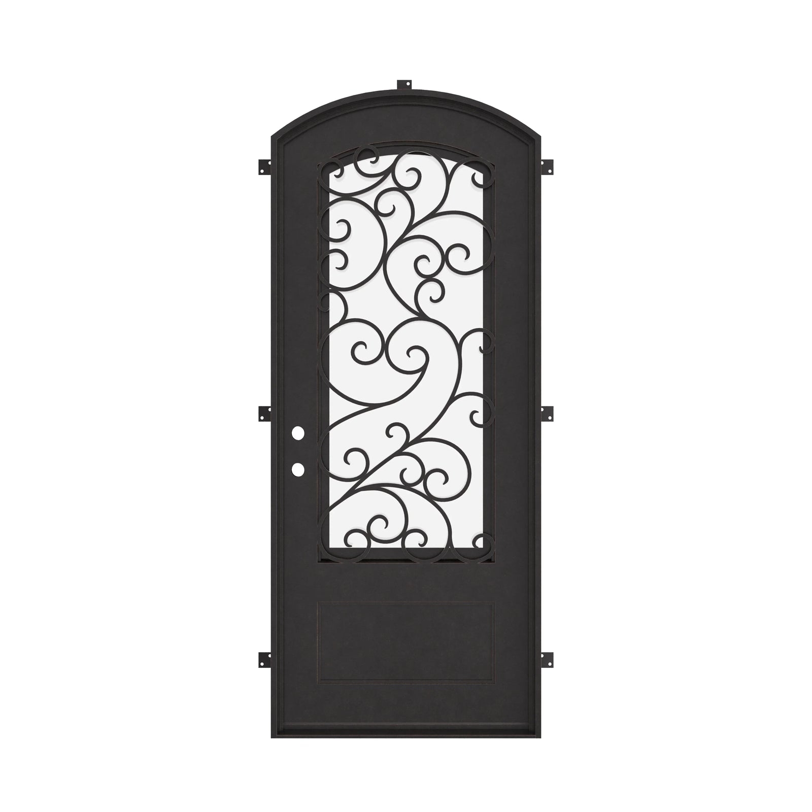 Story single arch top swing door with thick glass and ornate scrollwork in bronze.