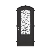 Story single arch top swing door with thick glass and ornate scrollwork in bronze.