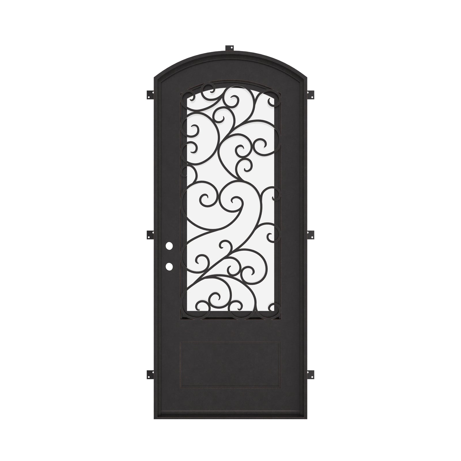 Story single arch top entry door with decorative scrollwork in black exterior.