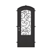 Story single arch top entry door with decorative scrollwork in black exterior.