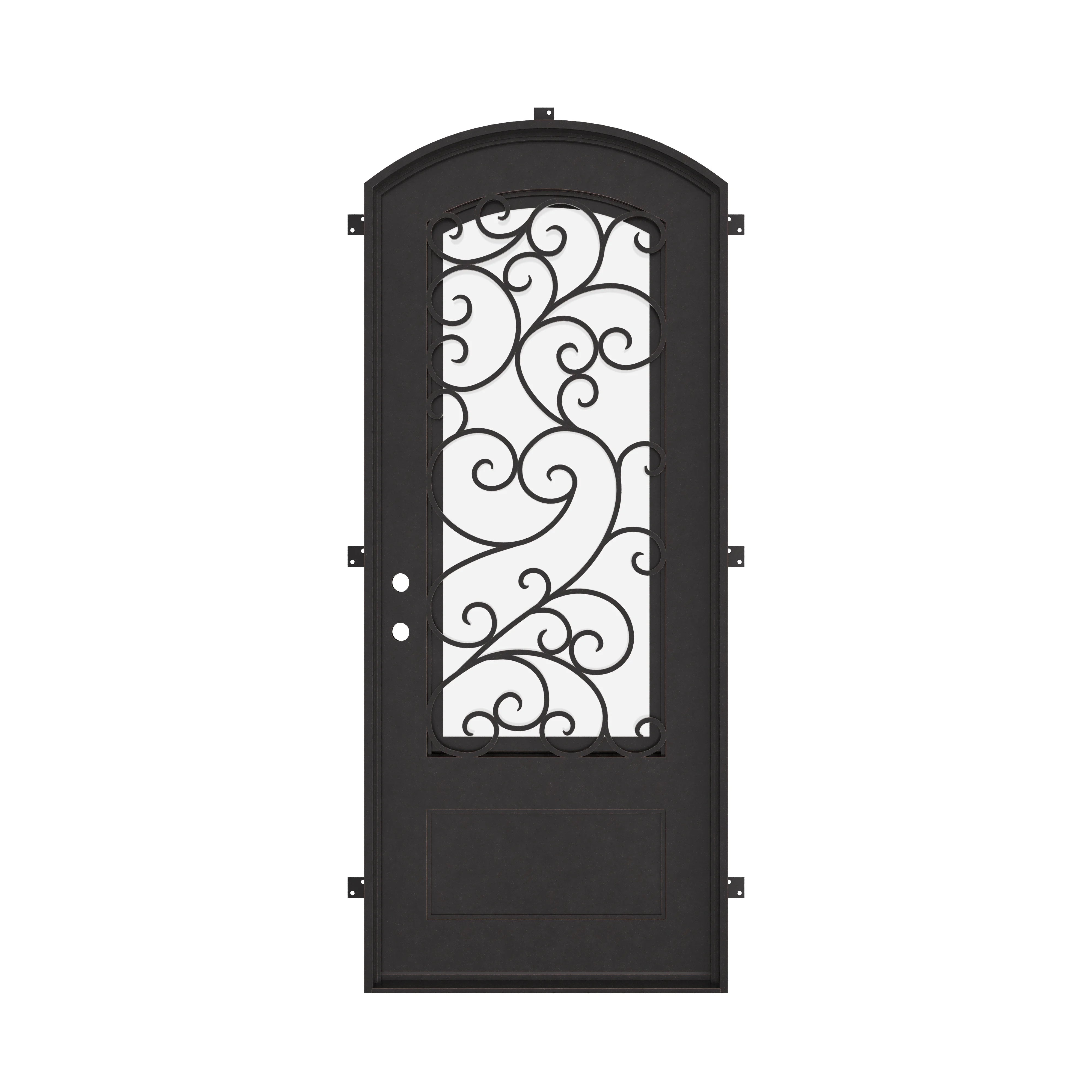 Story single arch top entry door with decorative scrollwork in black exterior.