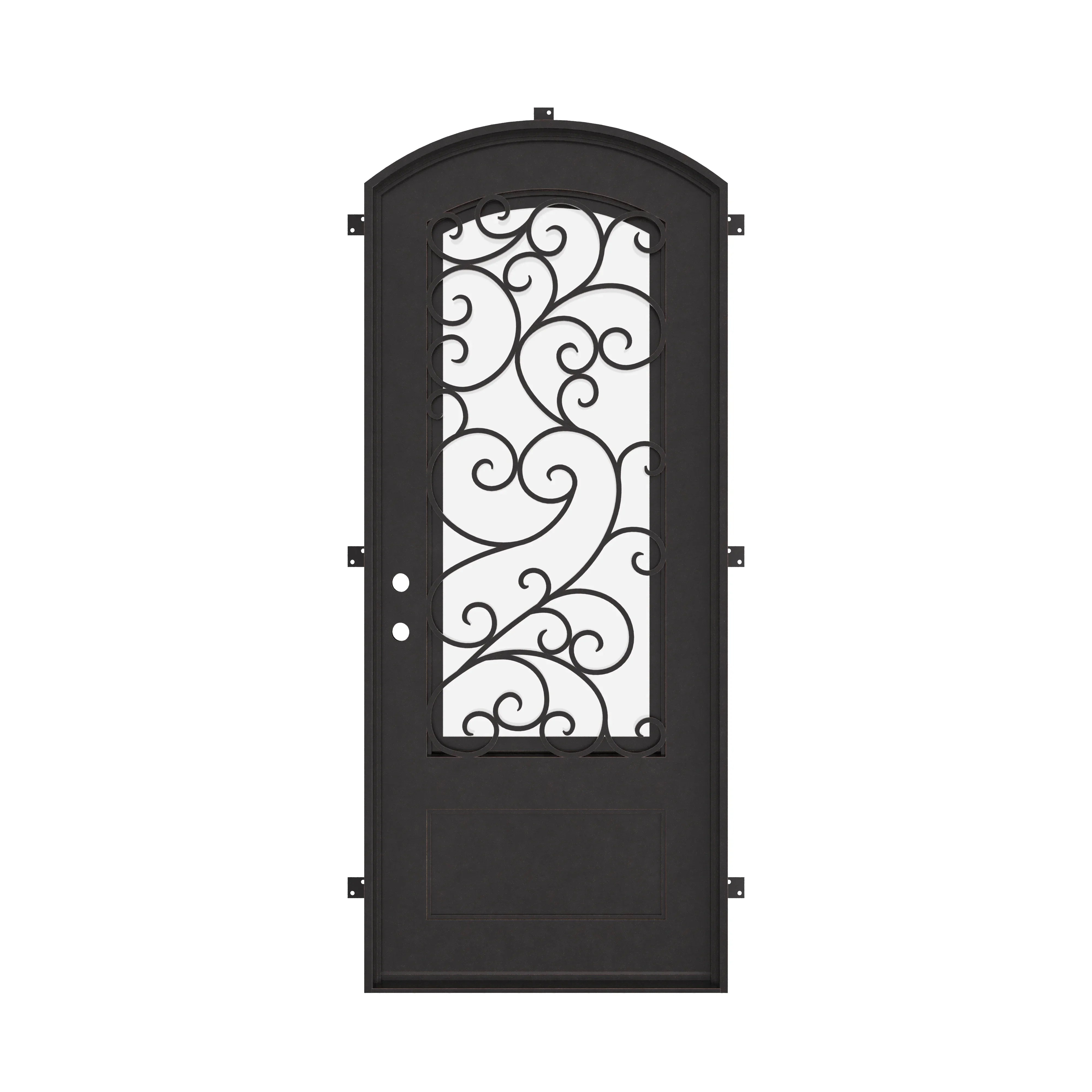 Story hinged door with intricate metal design and thermal break.