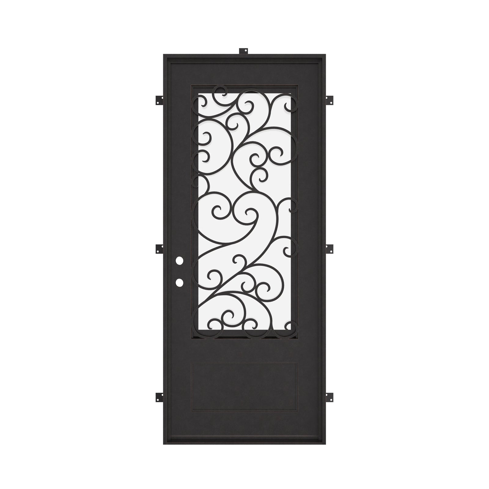 Story Bronze color exterior wrought iron single door with glass accents.
