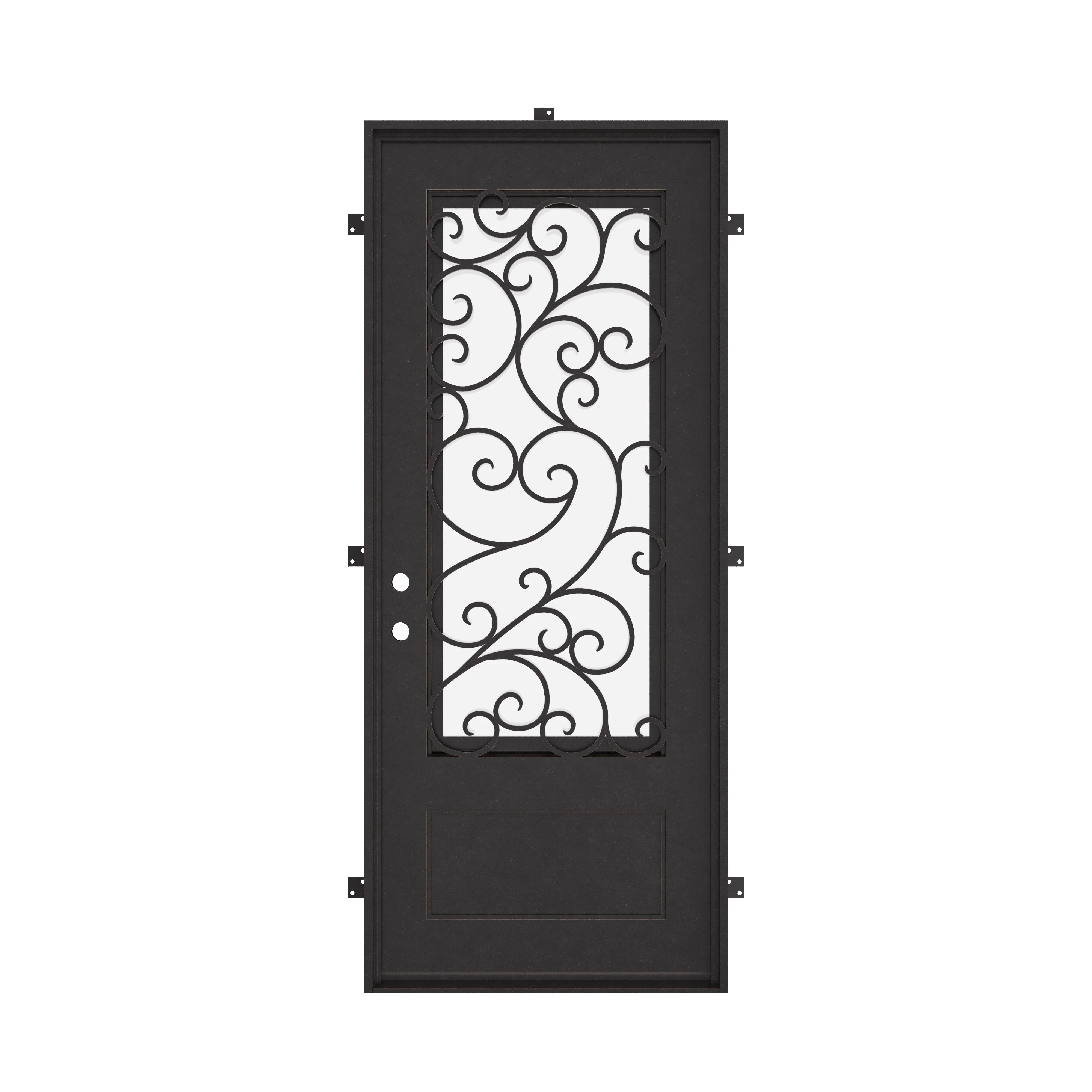 Story Bronze color exterior wrought iron single door with glass accents.