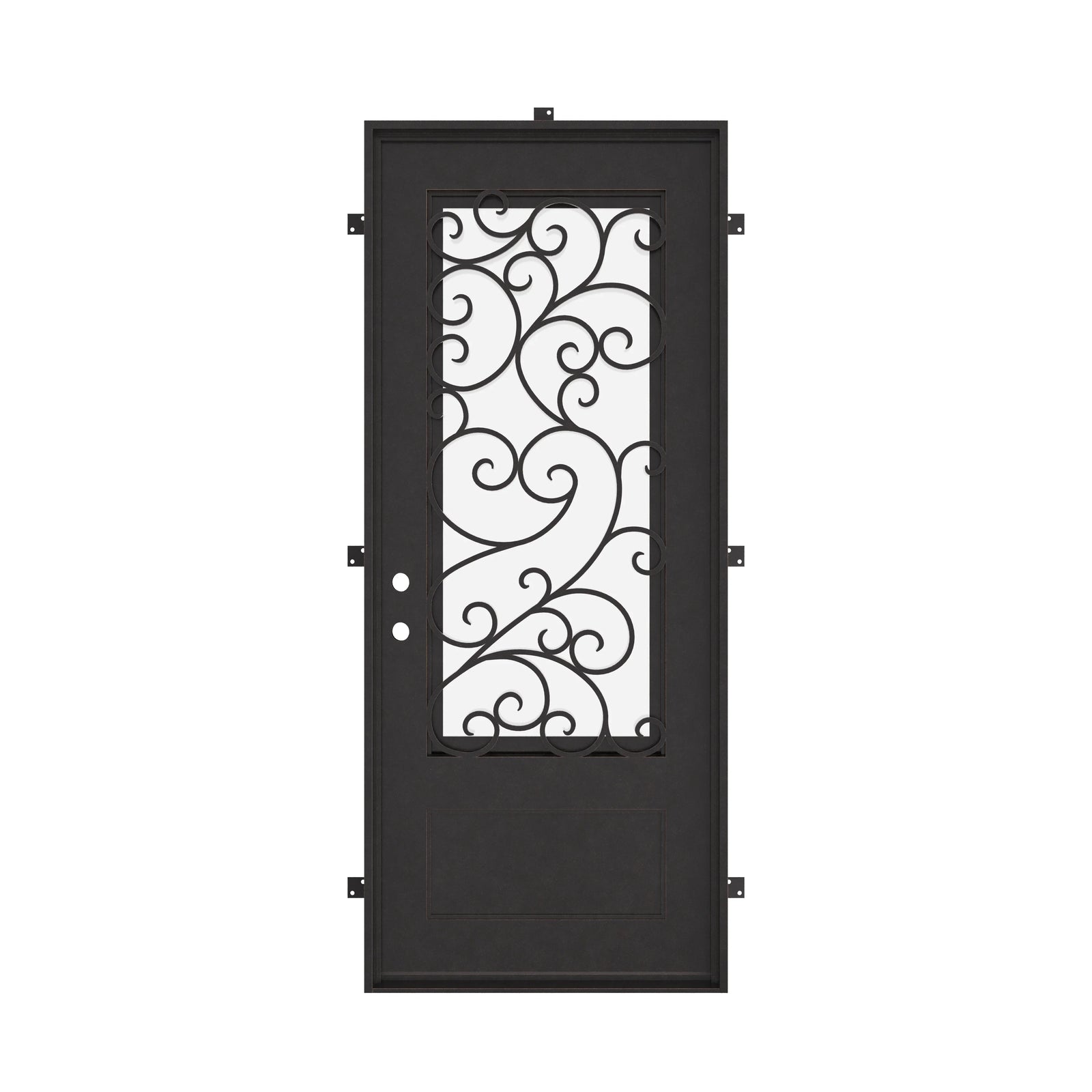 Story square top single flat exterior door thermally broken in matte black.