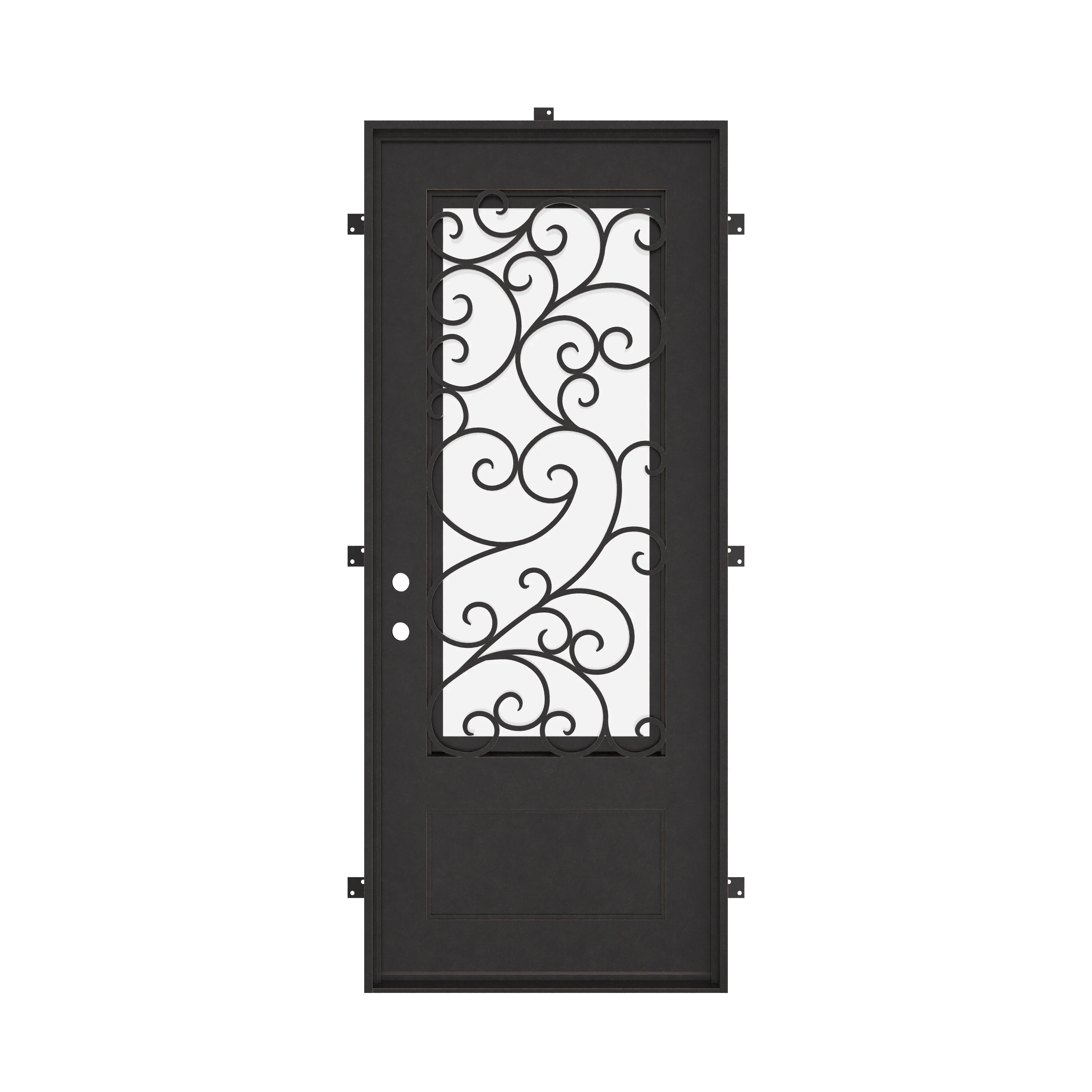 Story Single flat top door with decorative scrollwork and glass insert.