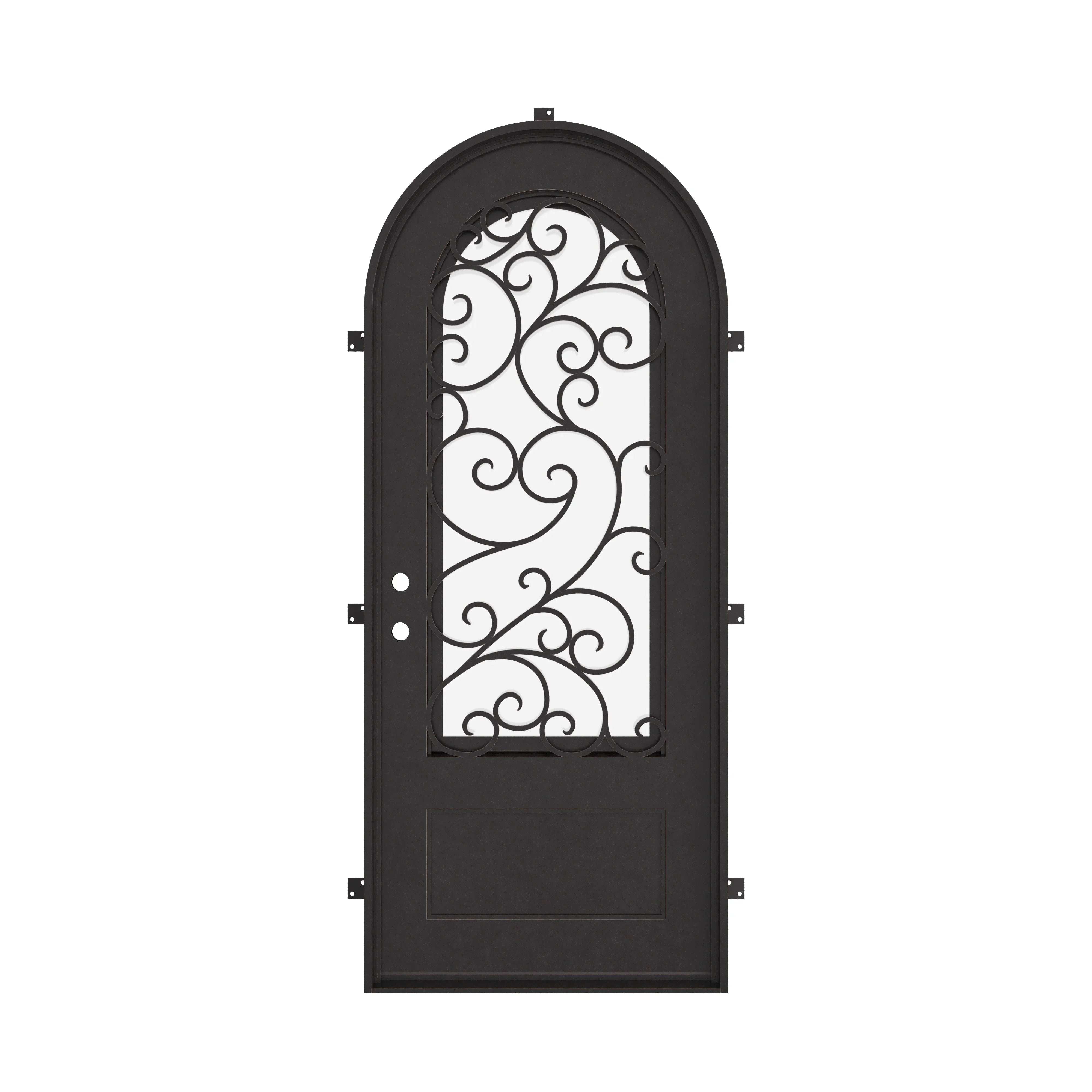 Story single round top door with decorative scrollwork and tempered glass in bronze color.