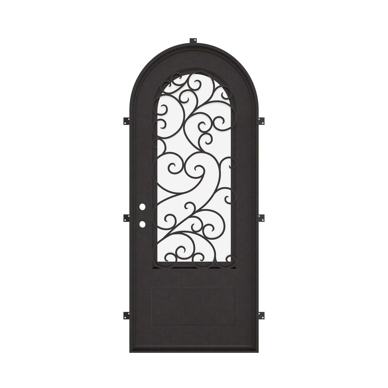 Story single full arch exterior door with thermal barrier and decorative design in black.