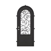 Story single full arch exterior door with thermal barrier and decorative design in black.