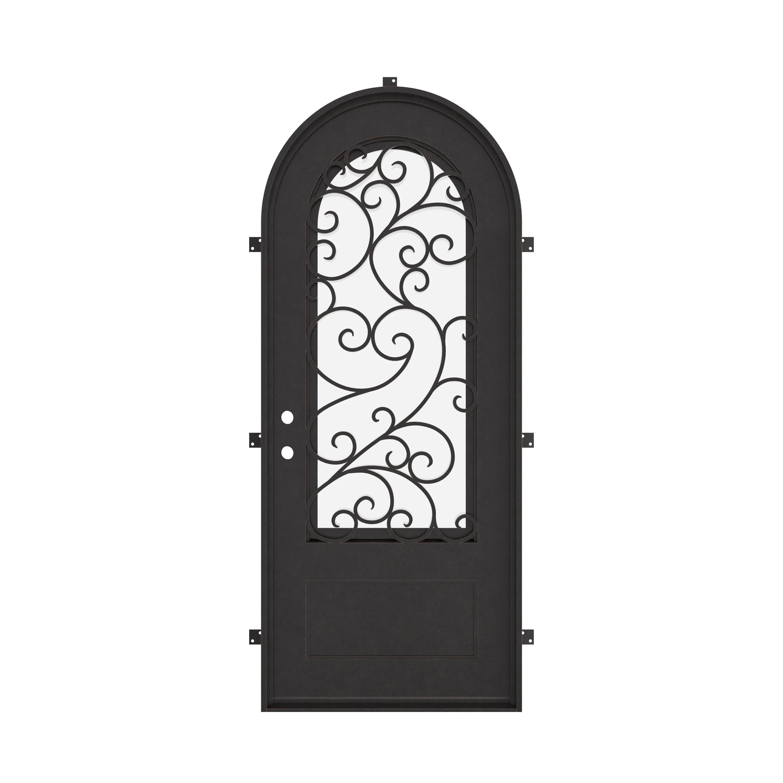 Story single round top swing door with ornate scrollwork and dual-pane glass.