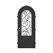 Story single round top swing door with ornate scrollwork and dual-pane glass.