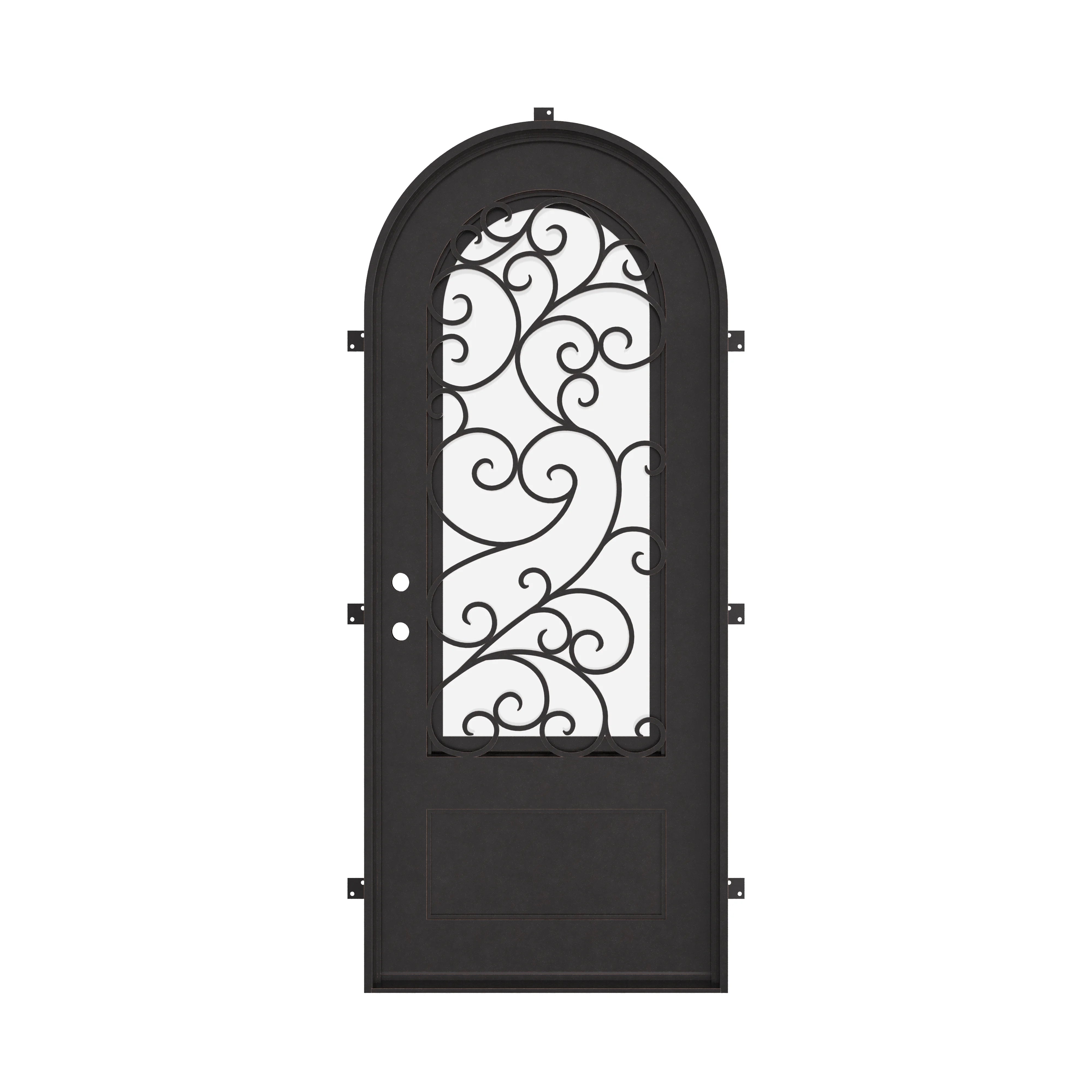 Story single round top swing door with ornate scrollwork and dual-pane glass.