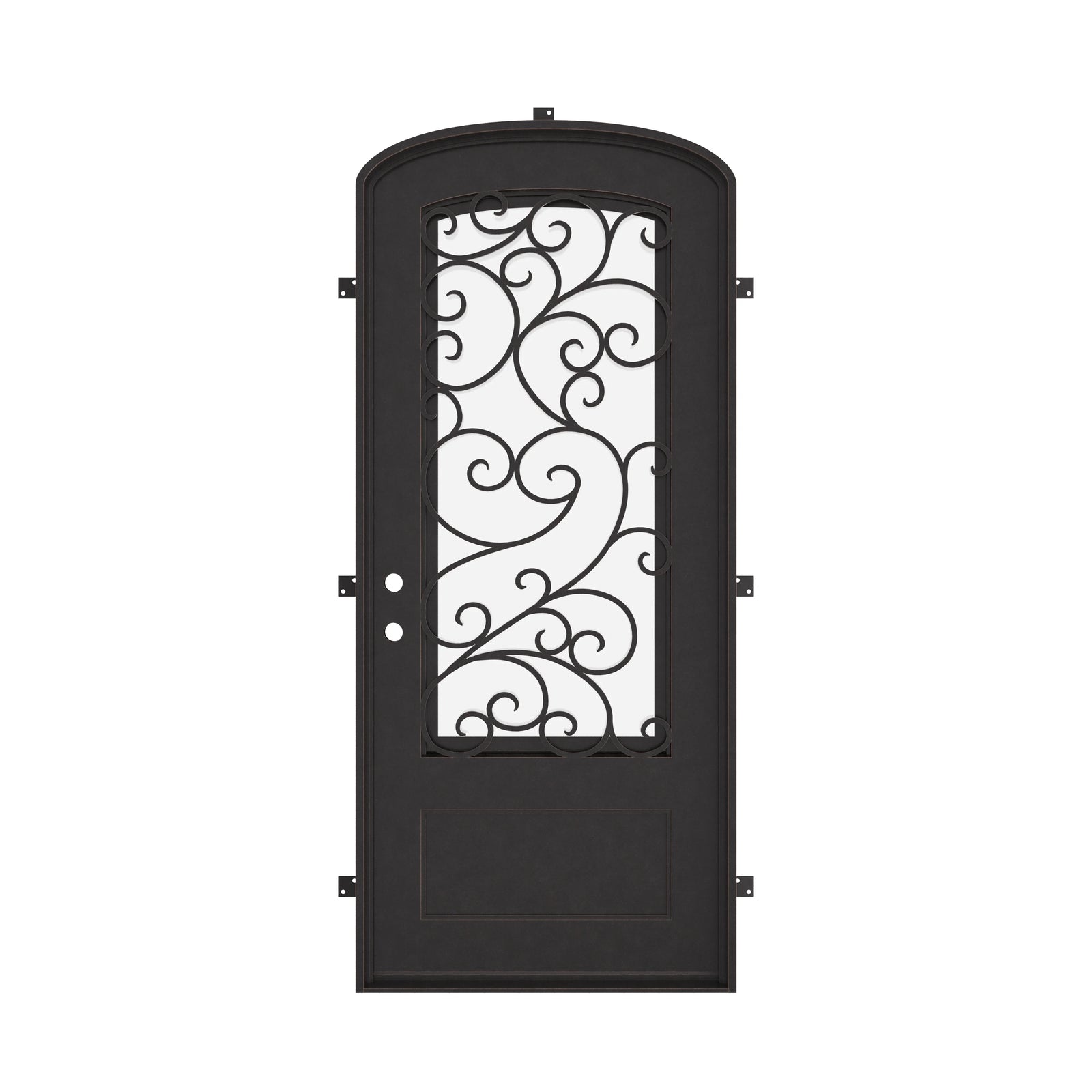 Story bronze color exterior wrought iron mini arch top single door with decorative scrollwork.