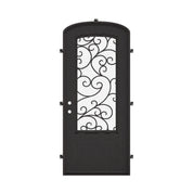Story bronze color exterior wrought iron mini arch top single door with decorative scrollwork.
