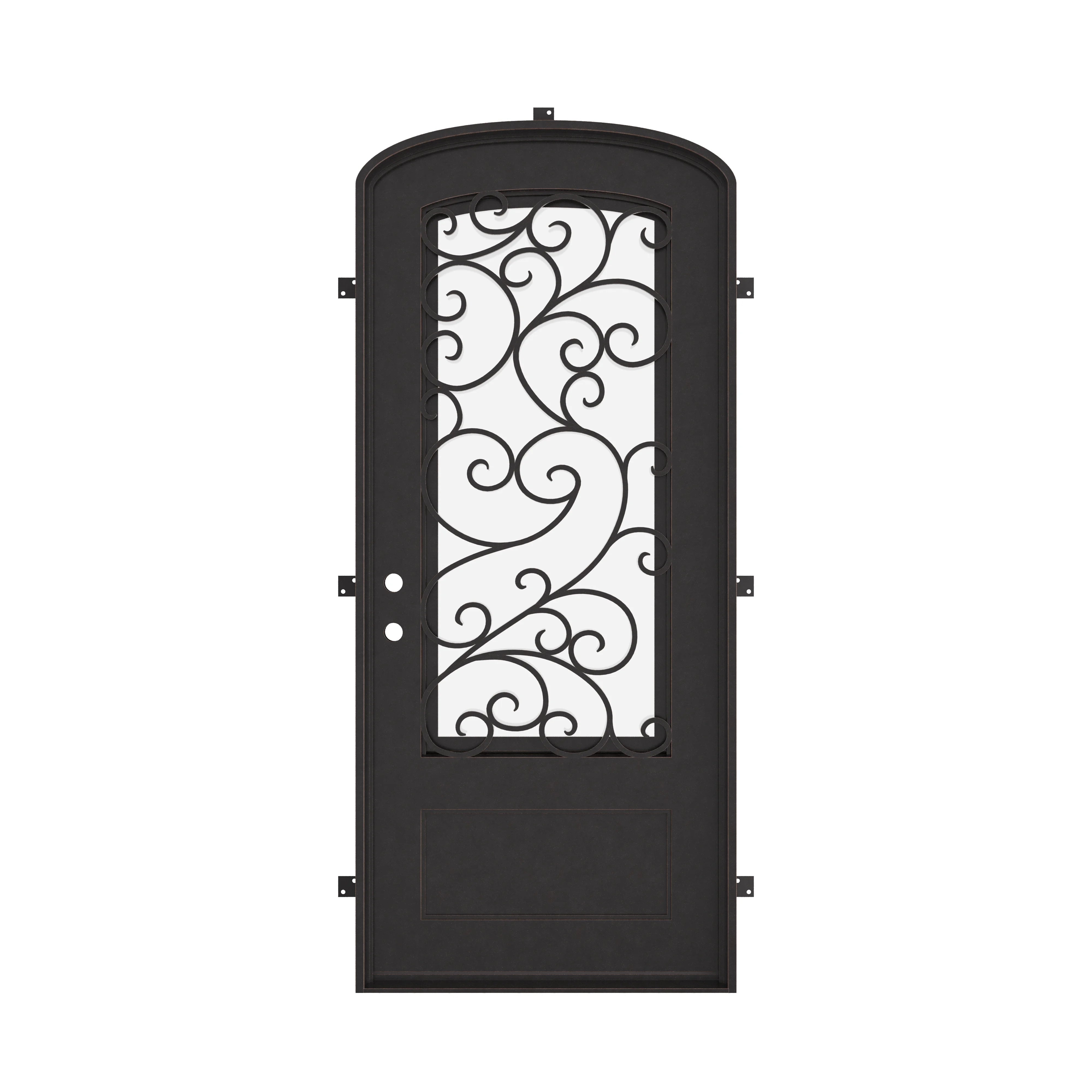 Story bronze color exterior wrought iron mini arch top single door with decorative scrollwork.