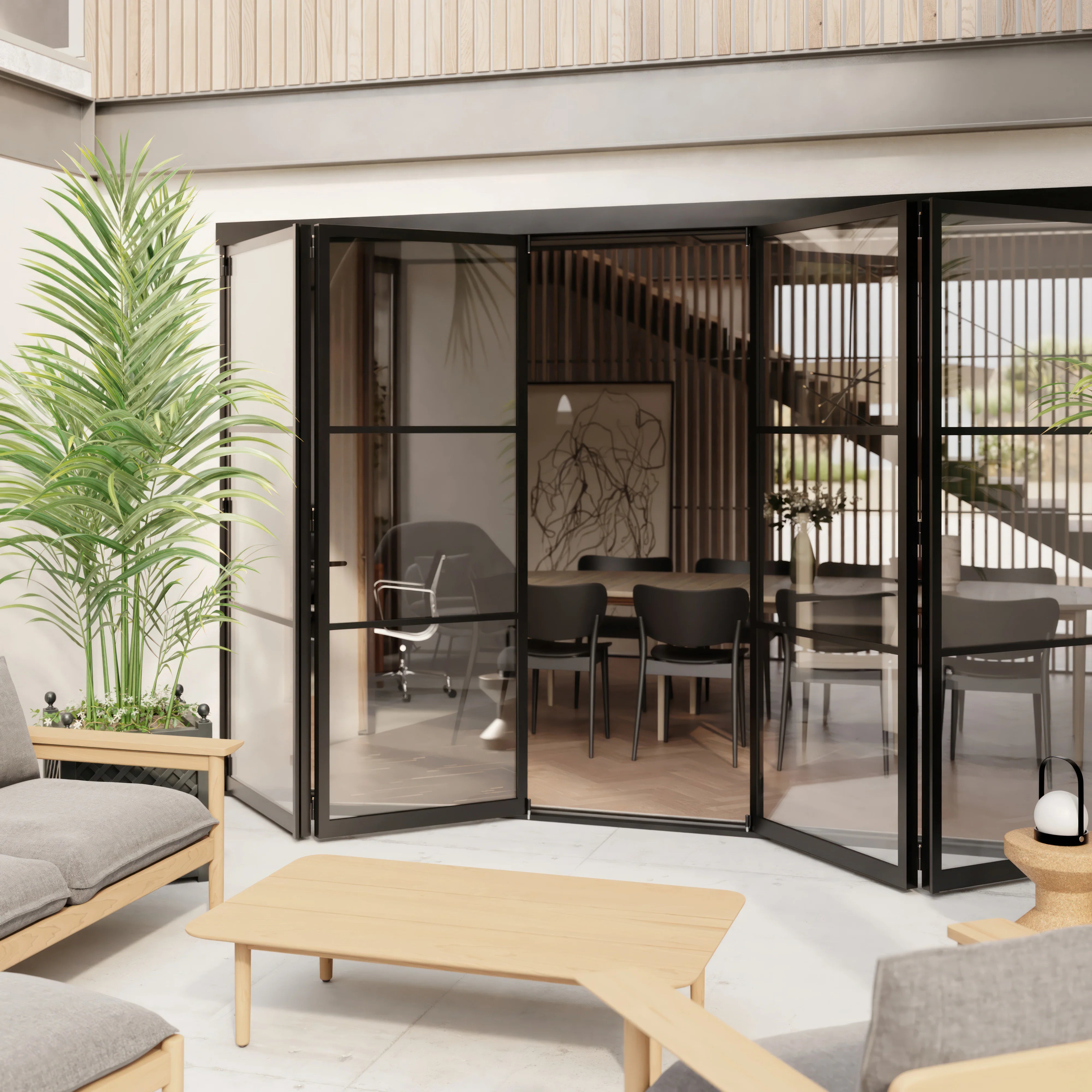 4-panel bi-folding steel doors with black frame and tempered double glass
