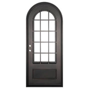 Bronx pre-hung bronze color wrought iron single radius top door with thick glass.