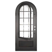 Bronx single round top swing door with decorative metalwork and tempered glass.