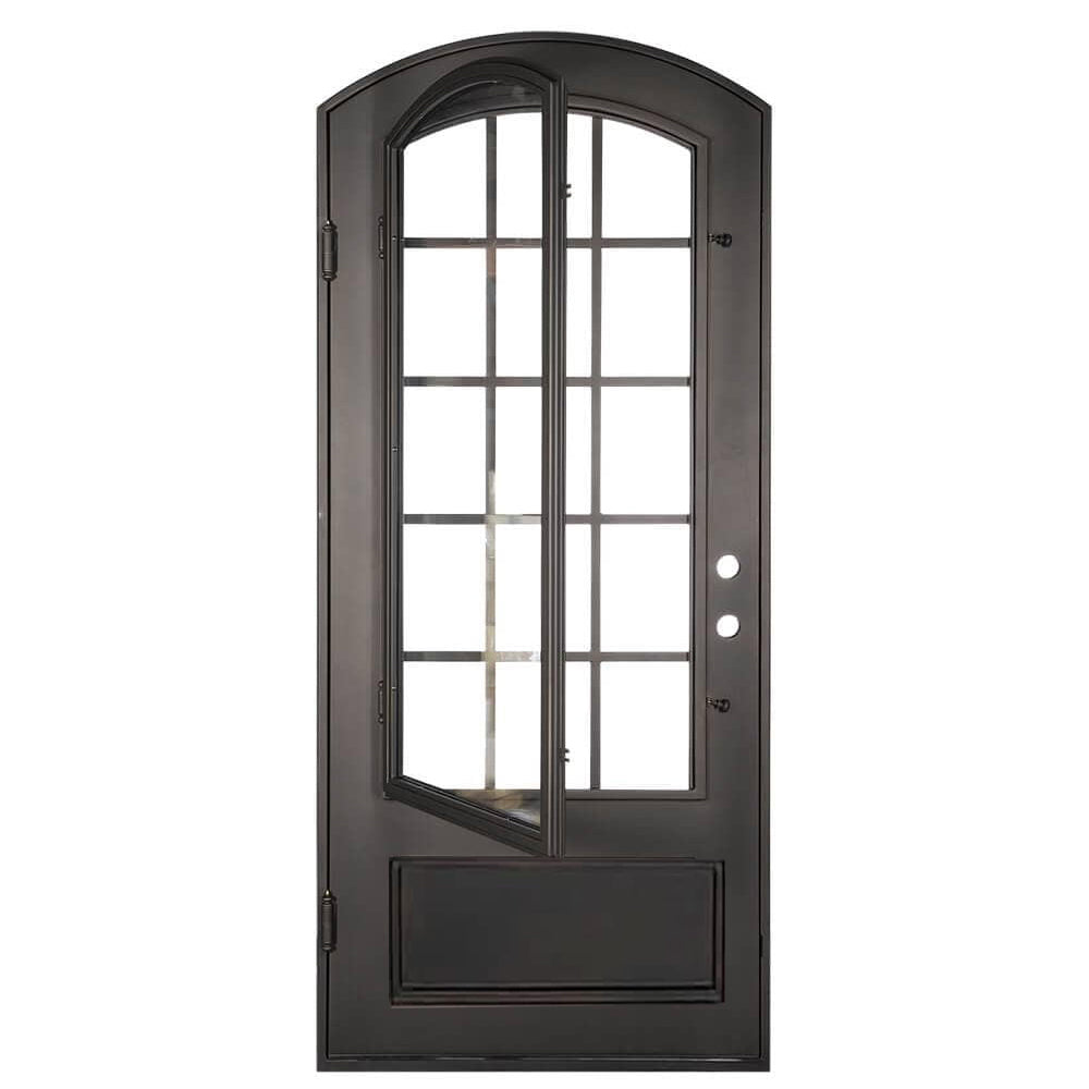 Bronx pre-hung bronze color iron single arch top front door.