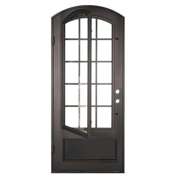 Bronx pre-hung bronze color iron single arch top front door.