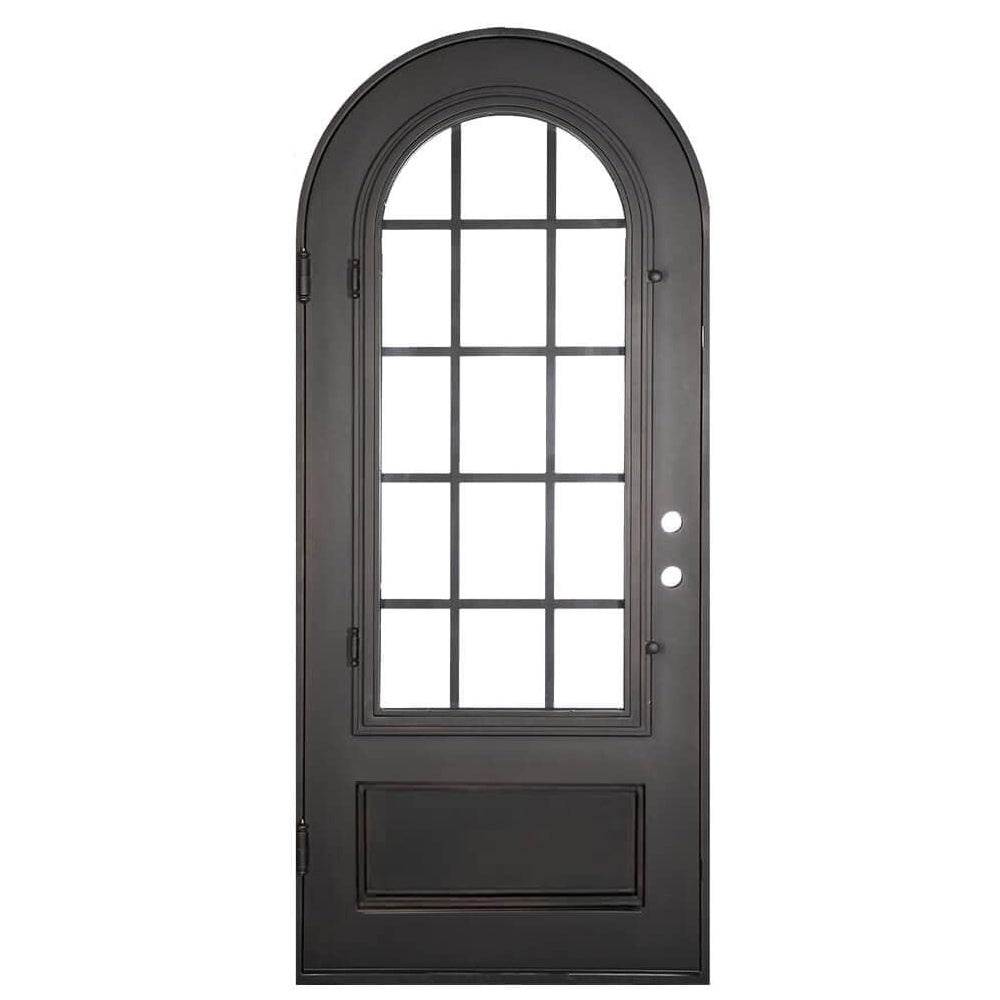 Bronx black cold rolled metal single full arch door with double tempered glass.