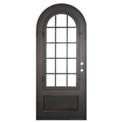 Bronx black cold rolled metal single full arch door with double tempered glass.