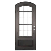 Bronx single soft arch top door with ornate scrollwork and glass.