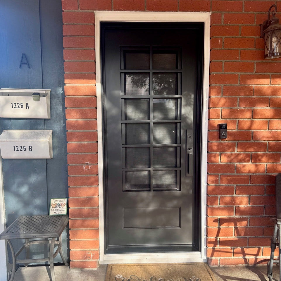 Black steel door with decorative glass panels 