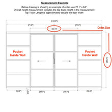 Load image into Gallery viewer, Diagram of center split double pocket top track sliding door showing the pockets on both sides that sit inside the wall