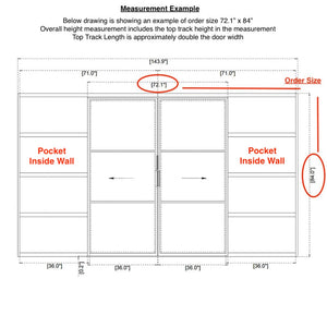 Diagram of center split double pocket top track sliding door showing the pockets on both sides that sit inside the wall