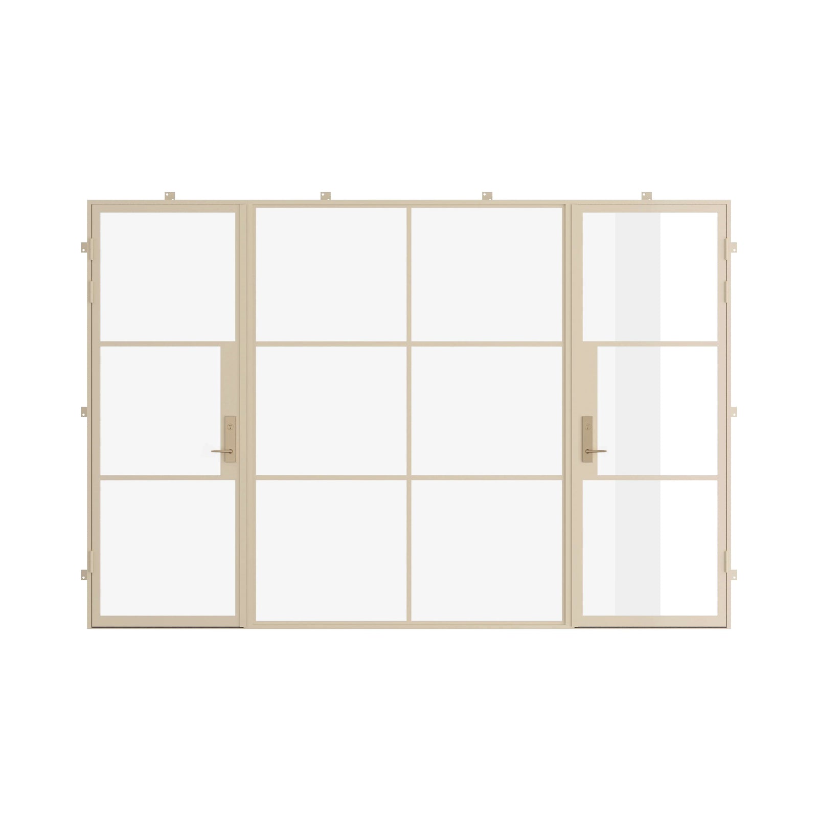 steel exterior entry doors with a middle fixed panel in neutral tones