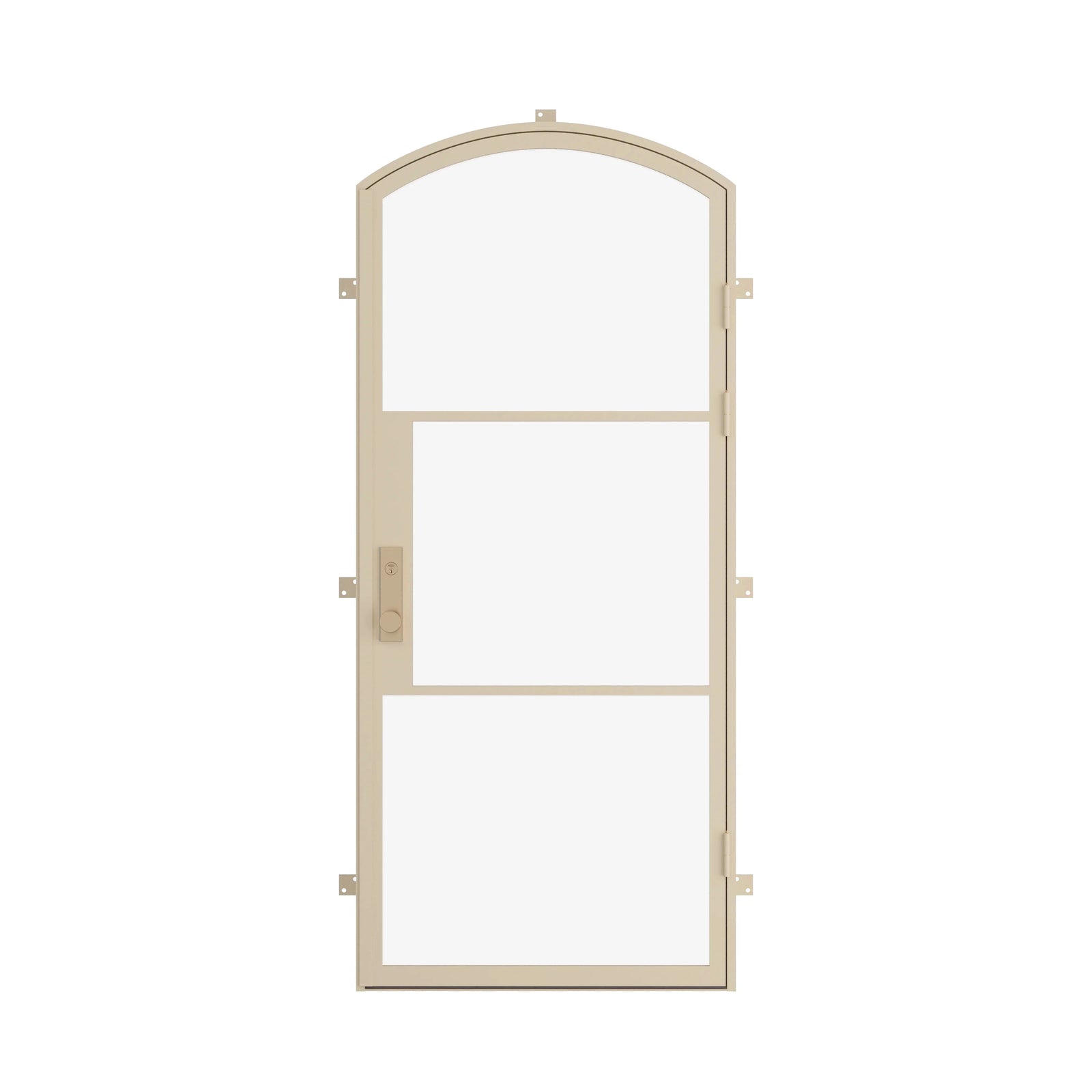 steel single door with an arched head in Casual Khaki, shown closed, with a lever handle