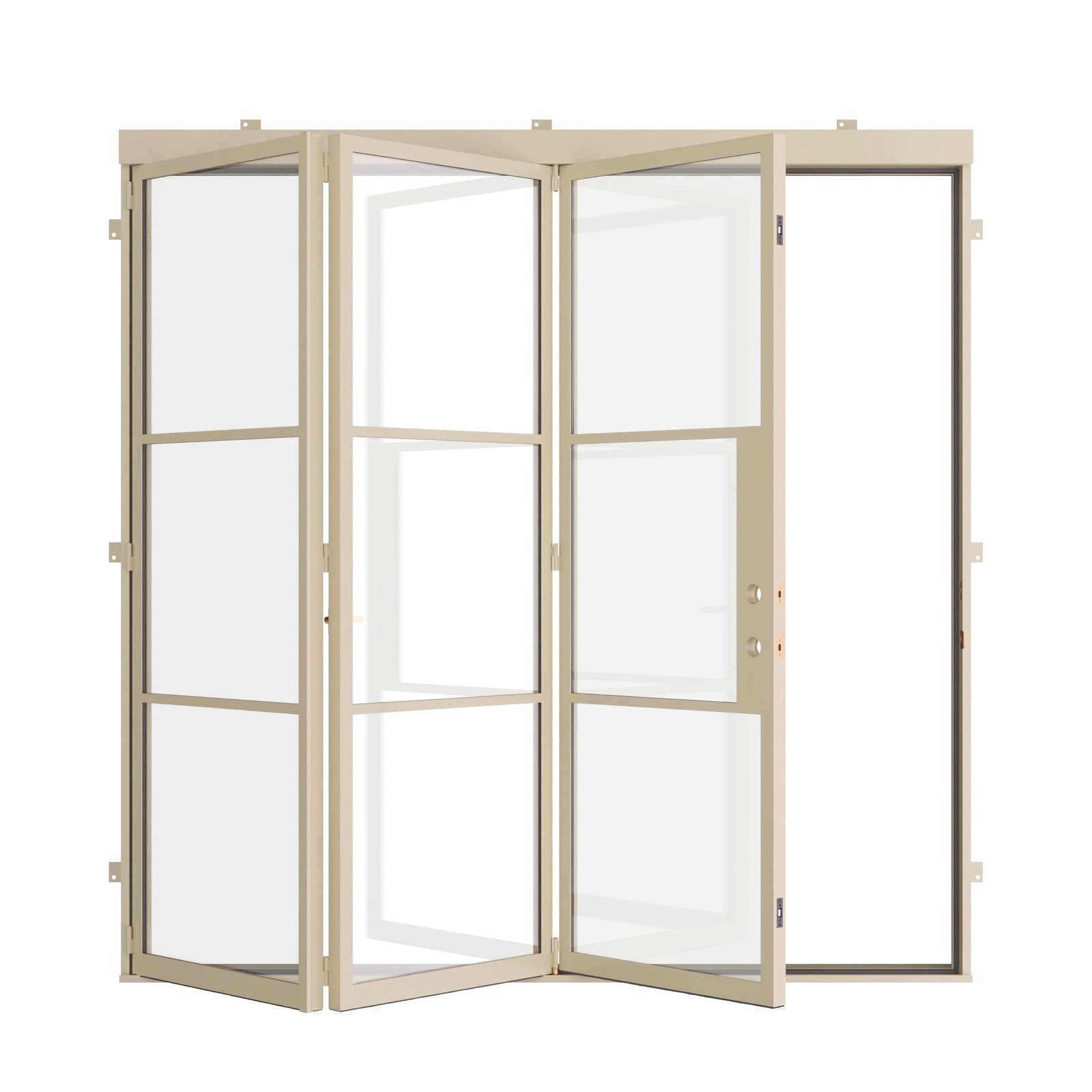 three-panel bi-fold steel doors in casual khaki