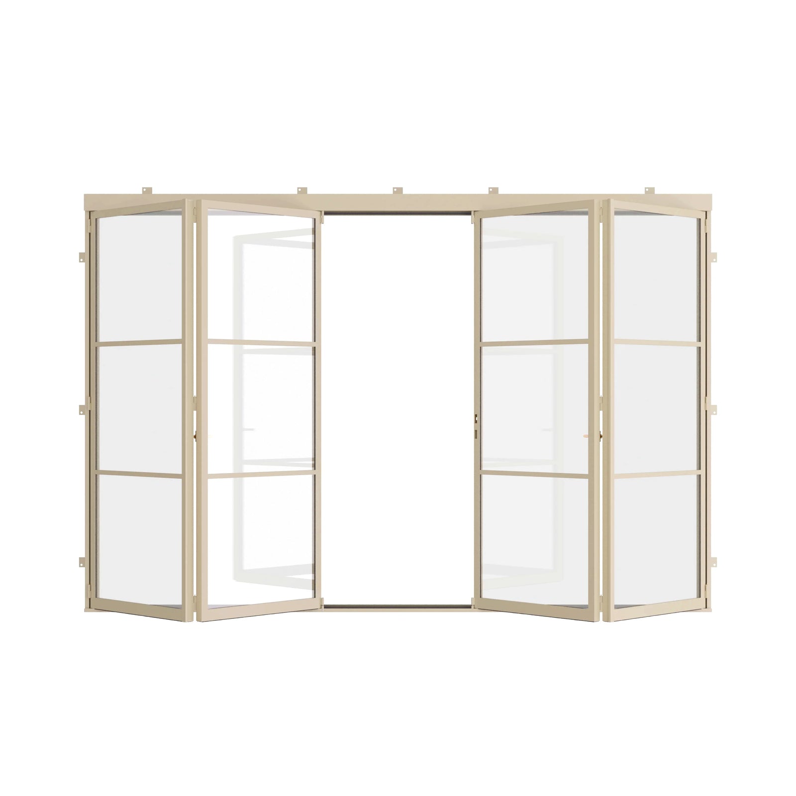 center split steel bi-fold doors in casual khaki