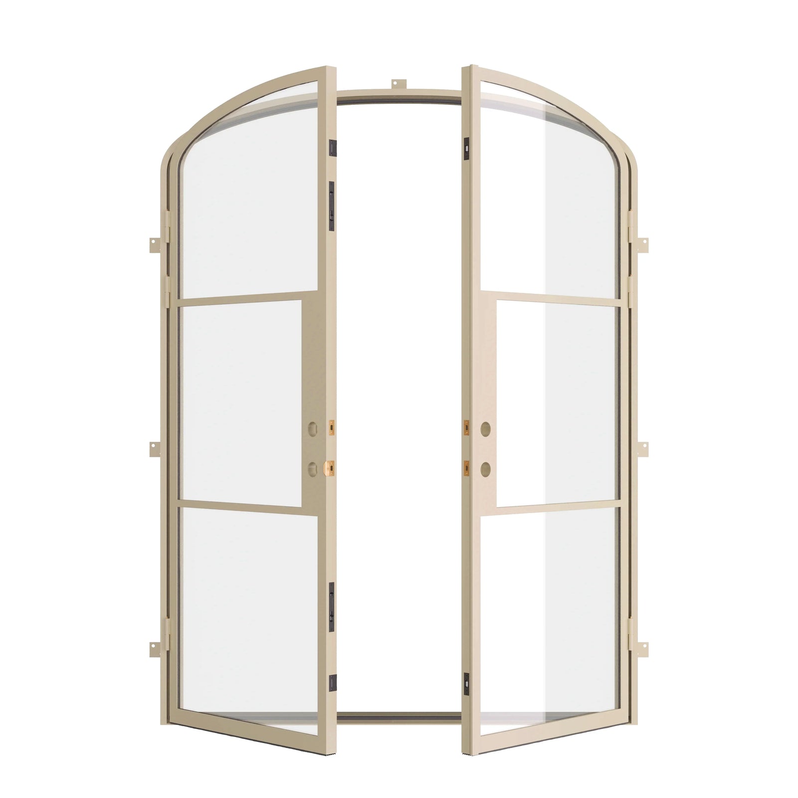 double arch top steel doors in casual khaki, open
