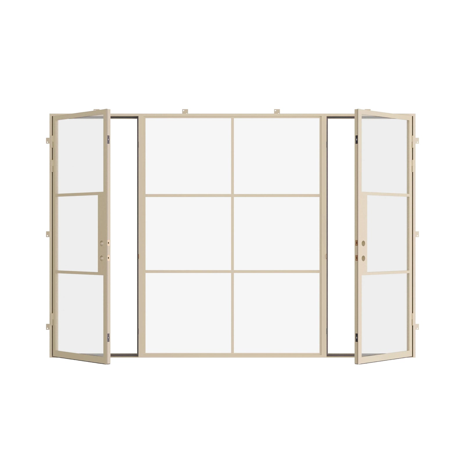 dual single steel doors with a middle fixed panel in a neutral color