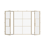 dual single steel doors with a middle fixed panel in a neutral color