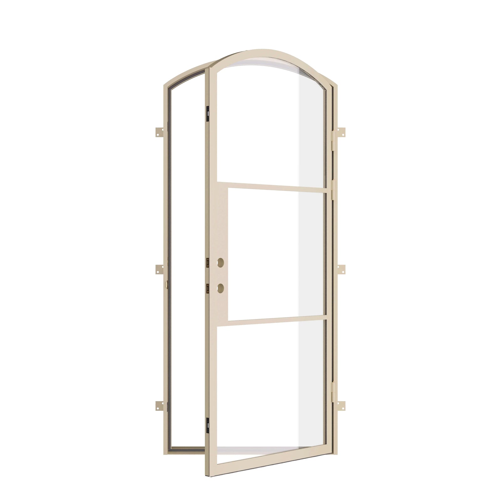 steel single door with an arched head in Casual Khaki, shown open, without a lever handle