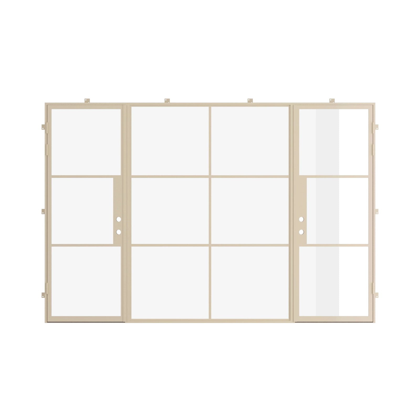 dual single steel doors with a middle fixed panel in a casual khaki