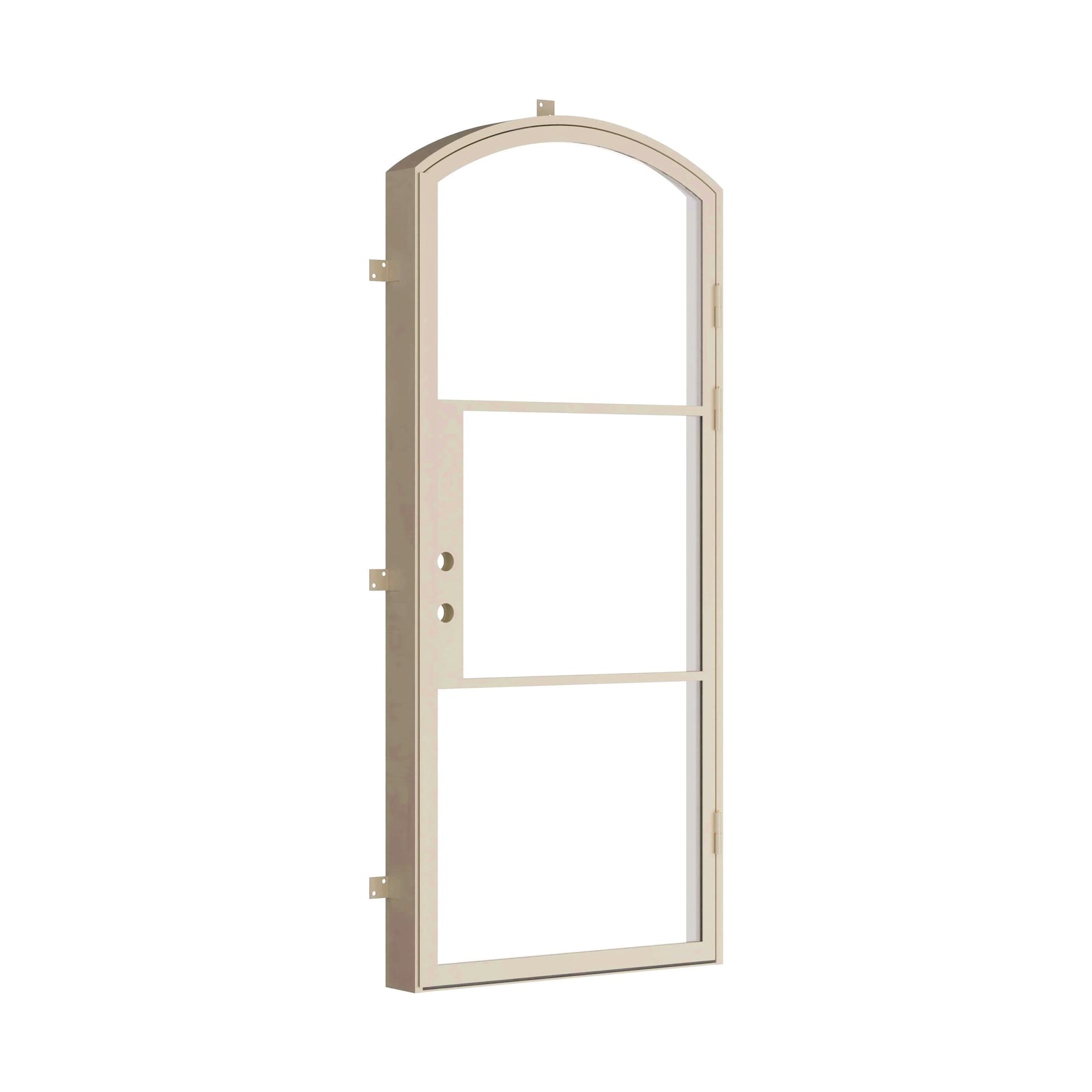 steel single door with an arched head in Casual Khaki, shown closed at an angle