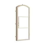 steel single door with an arched head in Casual Khaki, shown closed at an angle