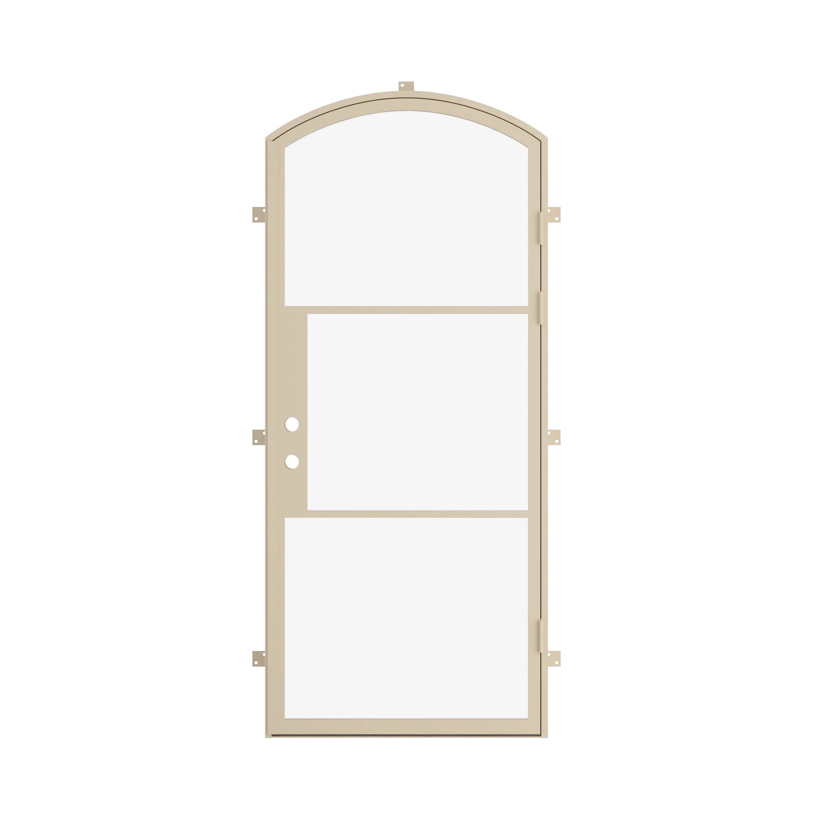 steel single door with an arched head in Casual Khaki, shown closed, without a lever handle