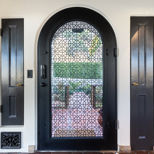 Full Arch Iron Door with Spanish Style Arabesque Lattice