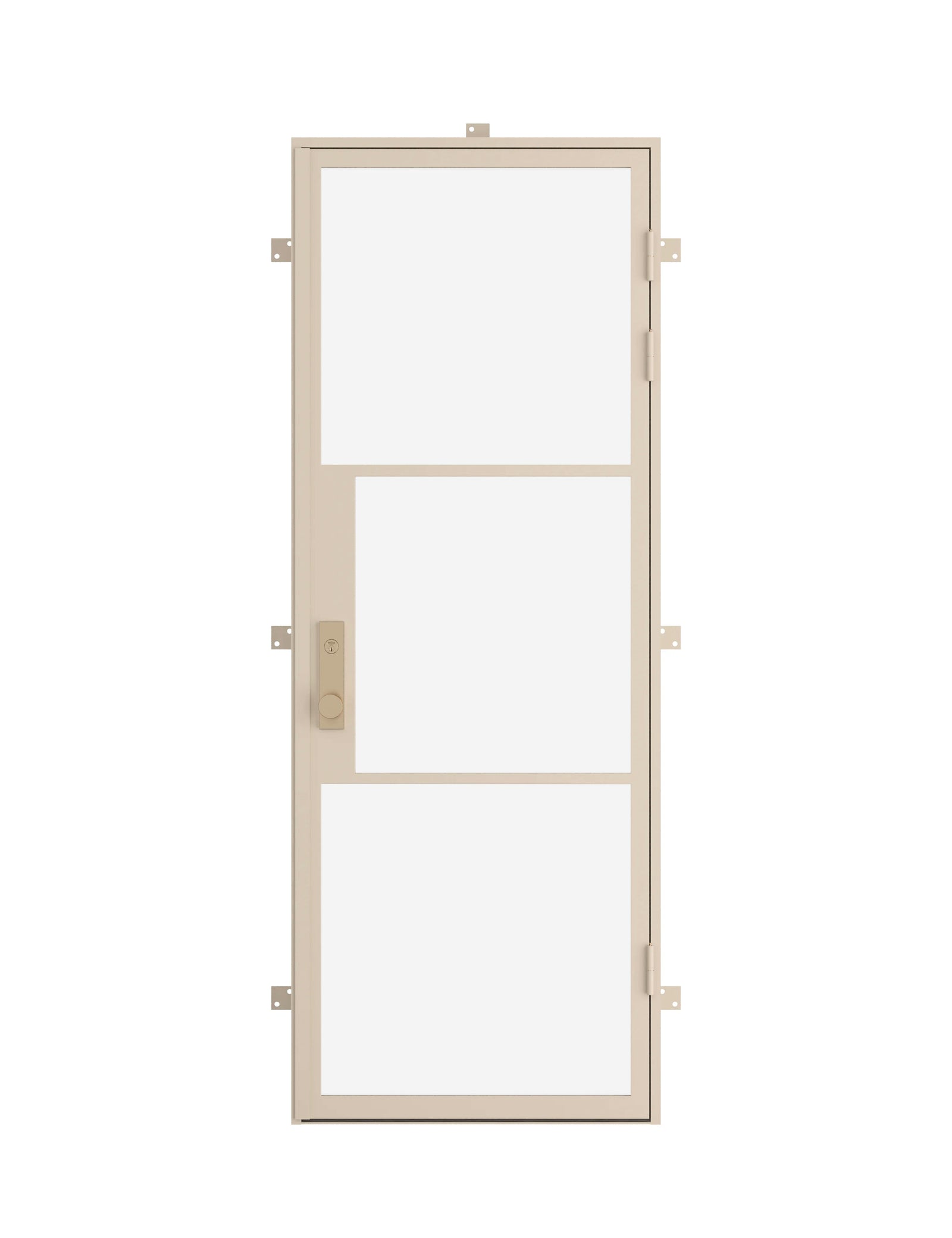 single flat steel entry door in Casual Khaki finish