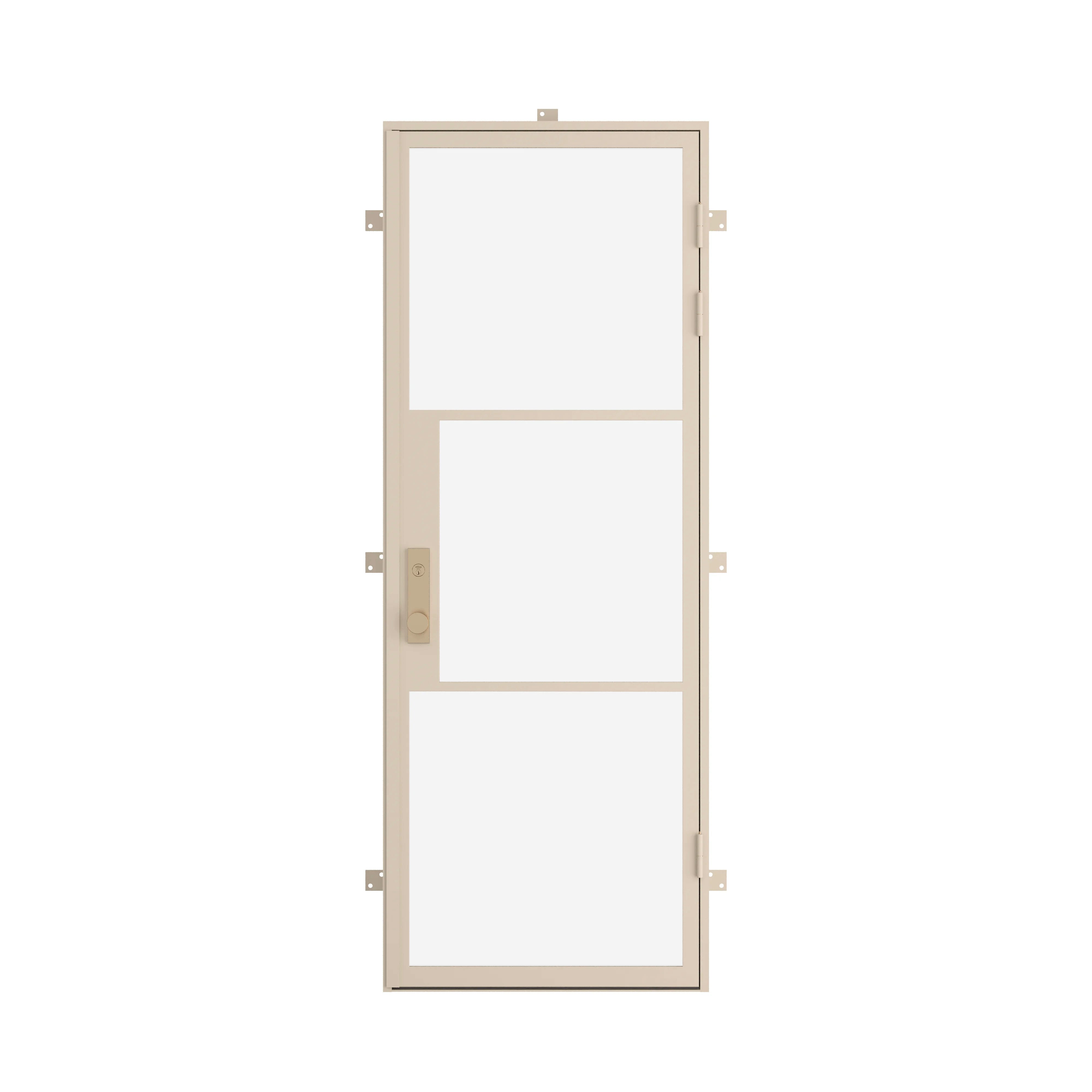 single flat steel entry door in Casual Khaki finish