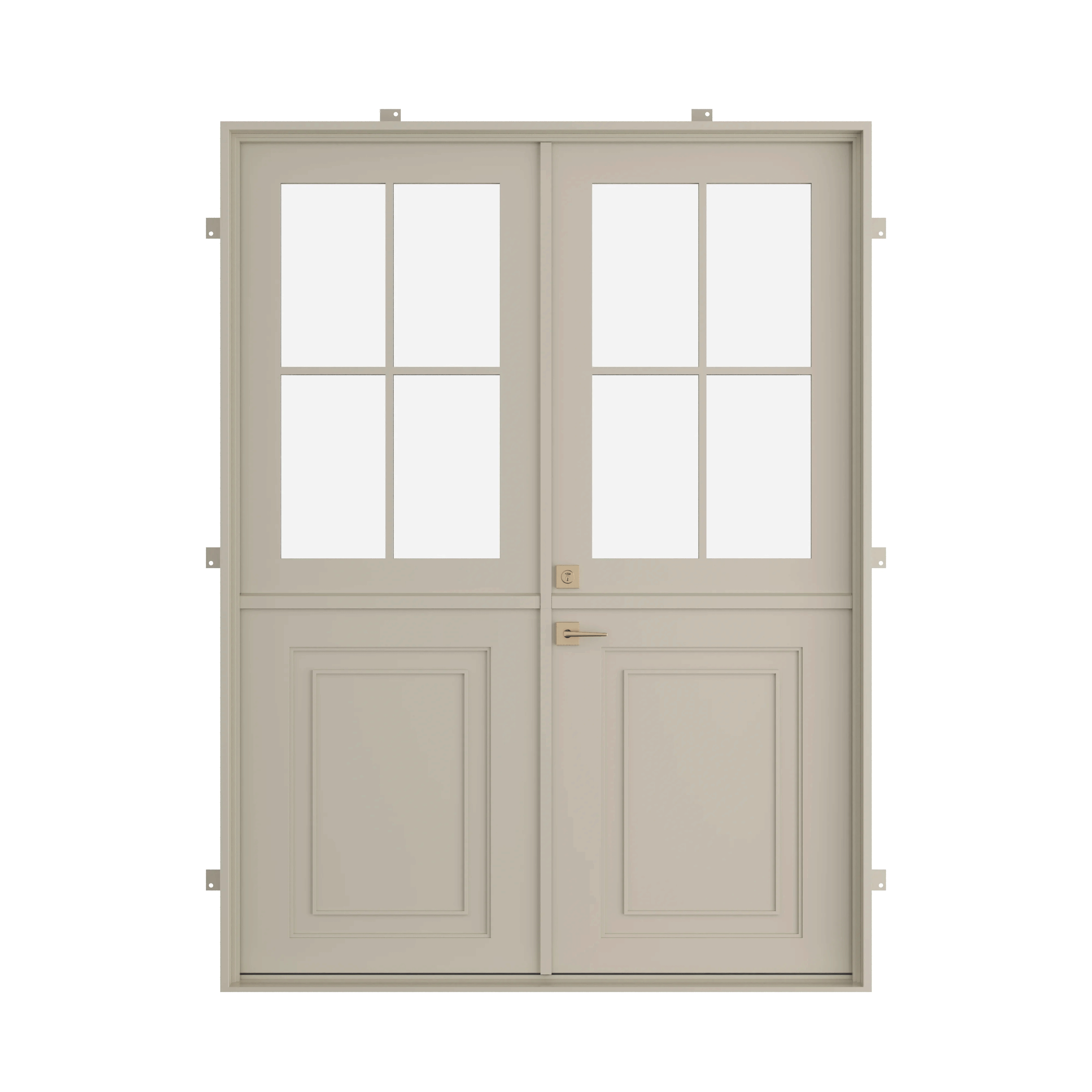 Split Dutch steel door with lower kickplate and divided glass panels for modern farmhouse entryways