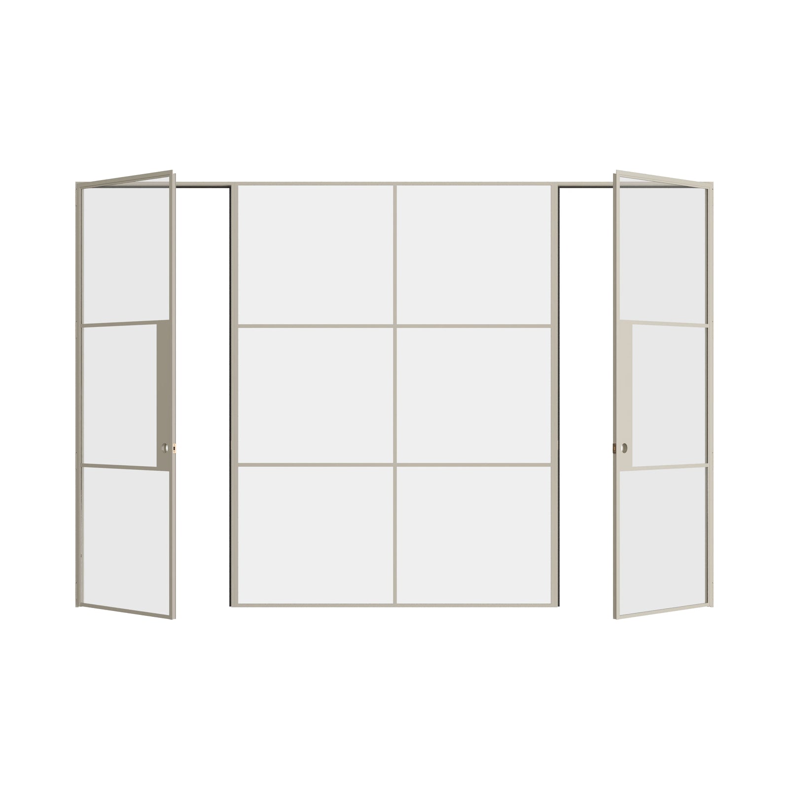 Pinkys Air 4 steel door, dual single, with a fixed middle panel, open